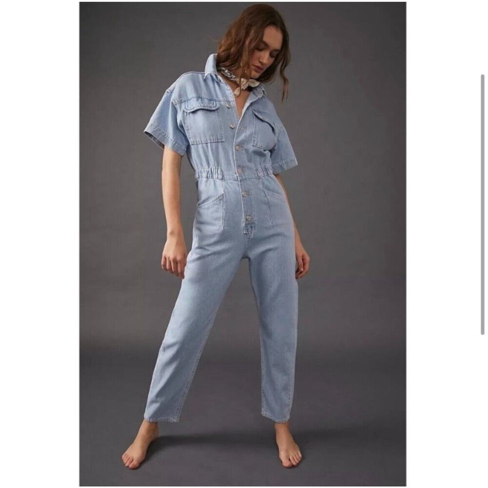 Free People We The Free Boho Light Denim Coverall Jumpsuit Defined Waist Women S - Picture 5 of 16